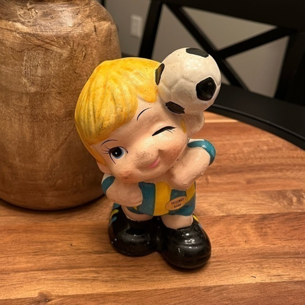 Vintage Porcelian Little Boy with Soccer Ball Bank